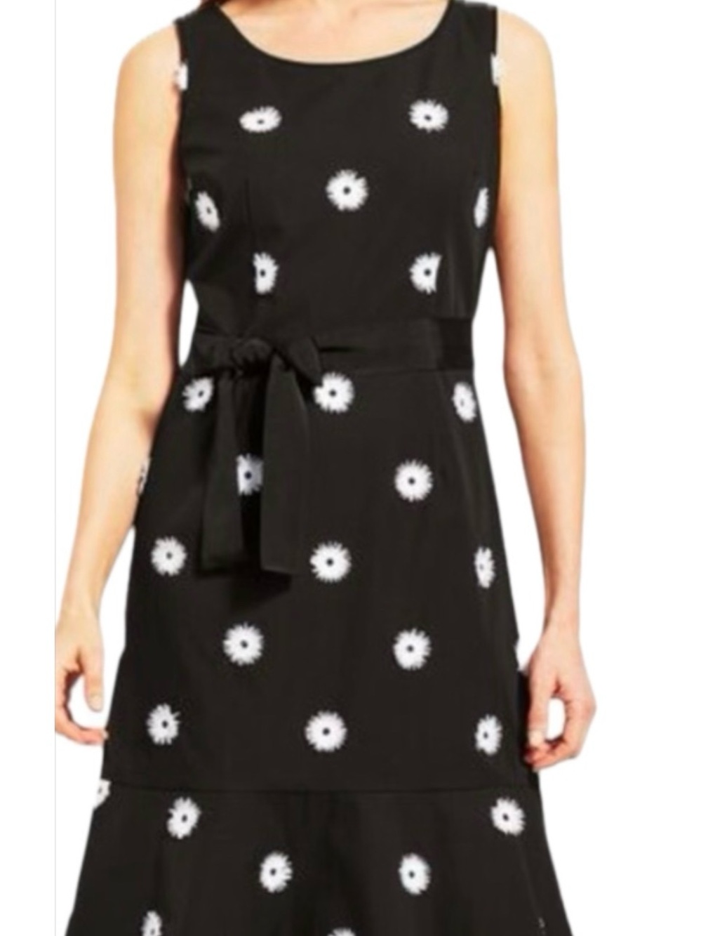 Talbots Black Sleeveless Daisy Print Tie-Waist Dress
